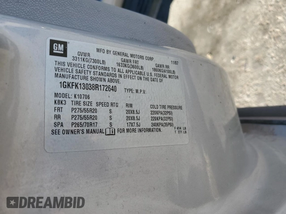 2008 GMC Yukon SLT 4SA z VIN 1GKFK13038R172640, wystawiony jako Copart lot #46718785 z przebiegiem 202 819 mil mil oraz Szkoda całkowita • Salvage title. Historia ofert i sprzedaży dostępna na DreamBid. Obrazek 15.