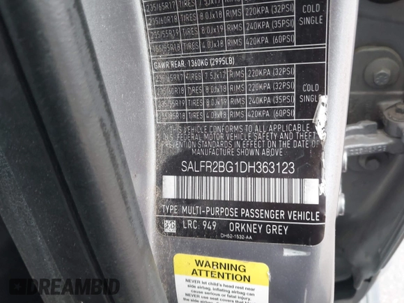 2013 Land Rover LR2 with VIN SALFR2BG1DH363123, listed as a IAAI auction lot 41429806 with 104,016 mi miles and . Bid and sale history available at DreamBid. Image 9.