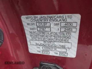 1997 Jaguar XK with VIN SAJGX2745VC017589, listed as a IAAI auction lot 42208129 with Not Provided miles and . Bid and sale history available at DreamBid. Image 9.