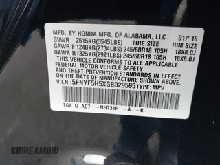 2016 Honda Pilot EX-L with VIN 5FNYF5H5XGB029595, listed as a IAAI auction lot 41561758 with 172,725 mi miles and . Bid and sale history available at DreamBid. Image 9.