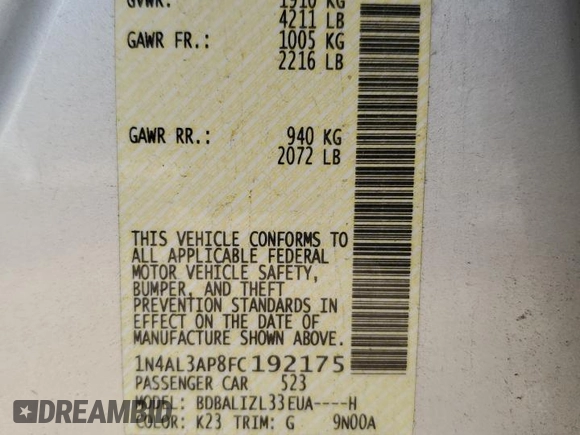 2015 Nissan Altima SL with VIN 1N4AL3AP8FC192175, listed as a Copart auction lot 55949835 with 160,961 mi miles and Salvage title. Bid and sale history available at DreamBid. Image 12.
