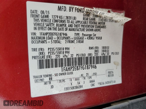 2015 Ford Taurus SEL with VIN 1FAHP2E87FG187946, listed as a Copart auction lot 53481575 with 119,746 mi miles and Salvage Title. Bid and sale history available at carsss.com. Image 13.