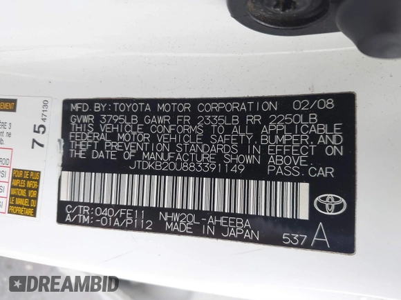 2008 Toyota Prius with VIN JTDKB20U883391149, listed as a IAAI auction lot 41729674 with 241,480 mi miles and . Bid and sale history available at carsss.com. Image 9.