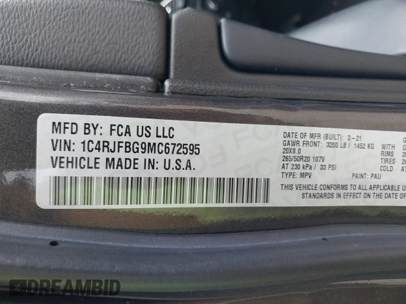 2021 Jeep Grand Cherokee Limited z VIN 1C4RJFBG9MC672595, wystawiony jako IAAI lot #40924773 z przebiegiem 36 167 mil mil oraz . Historia ofert i sprzedaży dostępna na DreamBid. Obrazek 9.