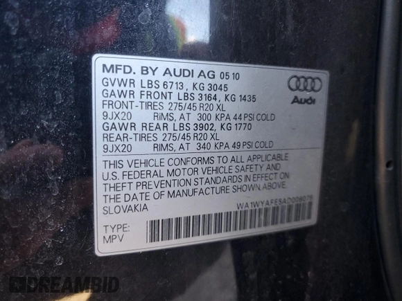 2010 Audi Q7 with VIN WA1WYAFE5AD008076, listed as a Copart auction lot 87142314 with 194,569 mi miles and Non repairable. Bid and sale history available at DreamBid. Image 13.