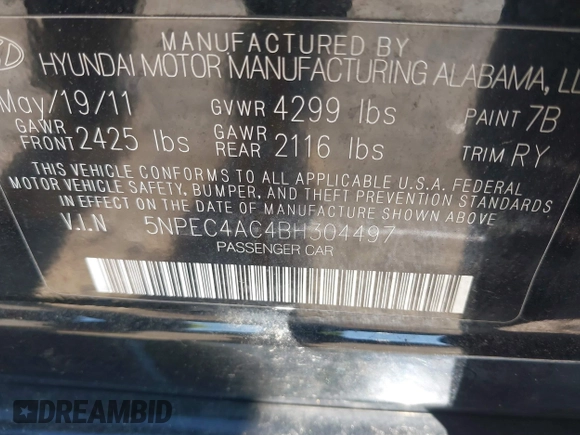 2011 Hyundai Sonata SE with VIN 5NPEC4AC4BH304497, listed as a IAAI auction lot 41738648 with 156,917 mi miles. Bid and sale history available at carsss.com. Image 7.