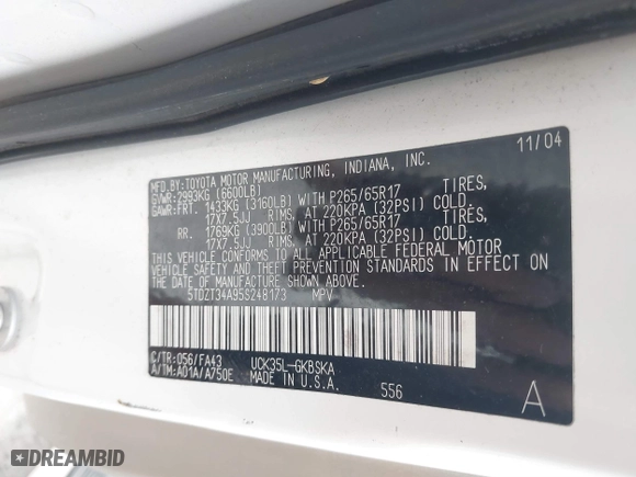 2005 Toyota Sequoia SR5 with VIN 5TDZT34A95S248173, listed as a IAAI auction lot 41672405 with 258,738 mi miles. Bid and sale history available at carsss.com. Image 9.