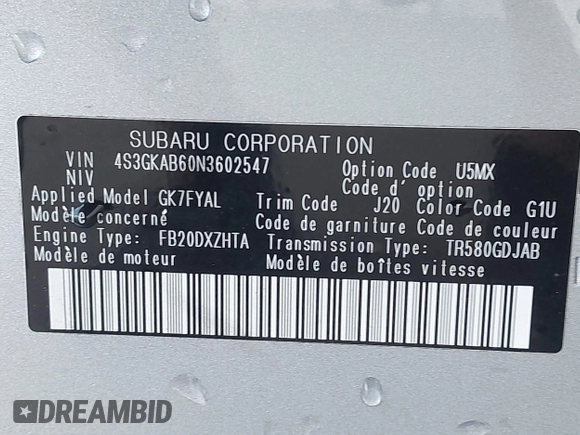 2022 Subaru Impreza with VIN 4S3GKAB60N3602547, listed as a IAAI auction lot 42389068 with 39,606 mi miles and . Bid and sale history available at DreamBid. Image 9.