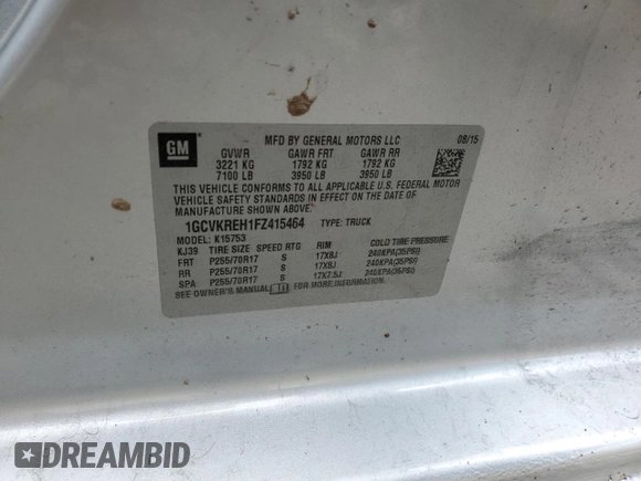 2015 Chevrolet Silverado 1500 LT with VIN 1GCVKREH1FZ415464, listed as a Copart auction lot 56713815 with 86,675 mi miles and Non Repairable. Bid and sale history available at DreamBid. Image 12.