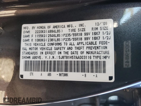 2010 Acura RDX Technology with VIN 5J8TB1H57AA003116, listed as a Copart auction lot 45944415 with 54,719 mi miles and Salvage title. Bid and sale history available at DreamBid. Image 14.