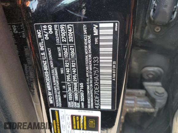 2017 Mercedes-Benz GLS 550 with VIN 4JGDF7DEXHA757133, listed as a Copart auction lot 62826045 with Not provided miles and Salvage title. Bid and sale history available at DreamBid. Image 13.