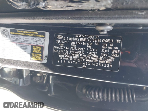 2012 Kia Sorento LX with VIN 5XYKTDA6XCG251259, listed as a IAAI auction lot 39861930 with Not Provided miles. Bid and sale history available at carsss.com. Image 9.