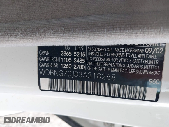 2003 Mercedes-Benz S-Class 4.3L with VIN WDBNG70J83A318268, listed as a IAAI auction lot 41380963 with 243,734 mi miles. Bid and sale history available at carsss.com. Image 9.