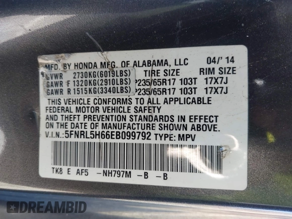 2014 Honda Odyssey EX-L with VIN 5FNRL5H66EB099792, listed as a IAAI auction lot 42160220 with 160,852 mi miles and . Bid and sale history available at carsss.com. Image 9.