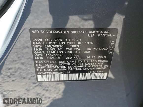 2024 Volkswagen Atlas SEL R-Line с VIN 1V2AE2CA8RC257164, выставлен на аукционе Copart как лот 55173735 с пробегом 2 906 миль миль и Списание • Salvage title. История ставок и продаж доступна на DreamBid. Изображение 13.