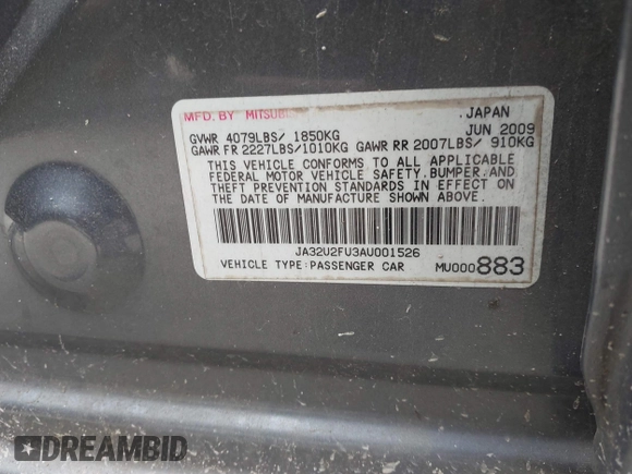 2010 Mitsubishi Lancer ES with VIN JA32U2FU3AU001526, listed as a IAAI auction lot 42121770 with Not Provided miles and . Bid and sale history available at DreamBid. Image 9.