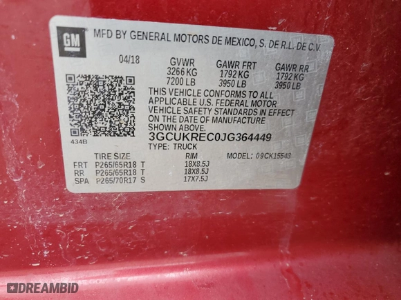 2018 Chevrolet Silverado 1500 LT with VIN 3GCUKREC0JG364449, listed as a Copart auction lot 43485215 with 113,962 mi miles and Salvage Title. Bid and sale history available at carsss.com. Image 15.