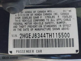 1996 Honda Civic DX with VIN 2HGEJ6344TH115500, listed as a IAAI auction lot 41783022 with 148,439 mi miles. Bid and sale history available at carsss.com. Image 9.