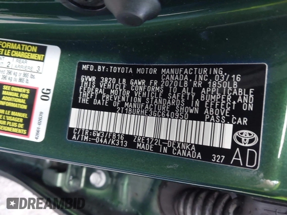 2016 Toyota Corolla L z VIN 2T1BURHE3GC640950, wystawiony jako IAAI lot #41901024 z przebiegiem 37 225 mil mil oraz . Historia ofert i sprzedaży dostępna na DreamBid. Obrazek 9.