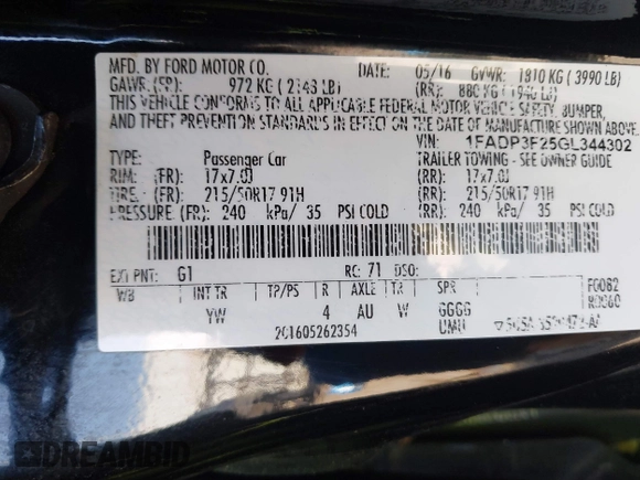 2016 Ford Focus SE with VIN 1FADP3F25GL344302, listed as a IAAI auction lot 41690335 with 43,143 mi miles. Bid and sale history available at carsss.com. Image 9.