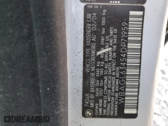 2004 BMW 7 Series 745i with VIN WBAGL63454DP71959, listed as a Copart auction lot 78001354 with Not Provided miles and Salvage Title. Bid and sale history available at DreamBid. Image 15.