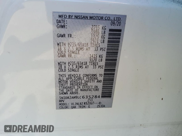 2020 Nissan Pathfinder S with VIN 5N1DR2AM9LC635284, listed as a Copart auction lot 54777075 with 74,406 mi miles and Salvage title. Bid and sale history available at DreamBid. Image 12.