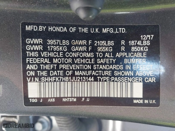 2018 Honda Civic Hatchback EX-L Navi with VIN SHHFK7H81JU213144, listed as a IAAI auction lot 41664176 with 1 mi miles. Bid and sale history available at carsss.com. Image 9.