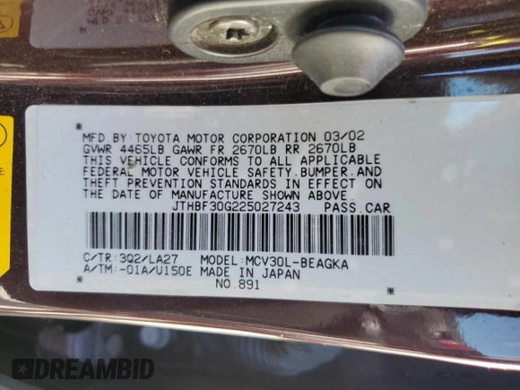 2002 Lexus ES 300 с VIN JTHBF30G225027243, выставлен на аукционе Copart как лот 47233685 с пробегом 204 021 миль миль и Списание • Salvage title. История ставок и продаж доступна на DreamBid. Изображение 12.