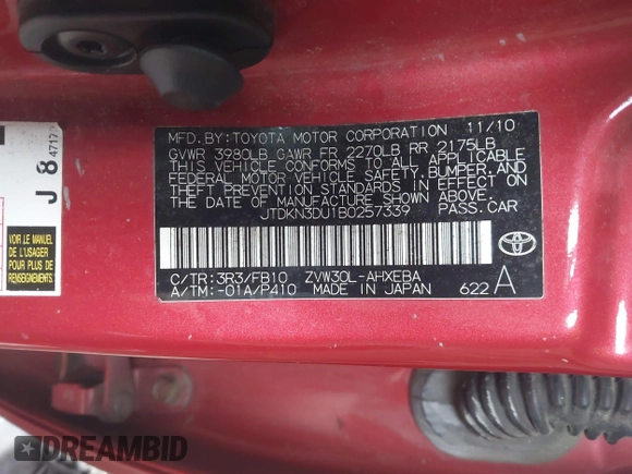 2011 Toyota Prius I with VIN JTDKN3DU1B0257339, listed as a IAAI auction lot 40973818 with 229,066 mi miles and . Bid and sale history available at DreamBid. Image 9.