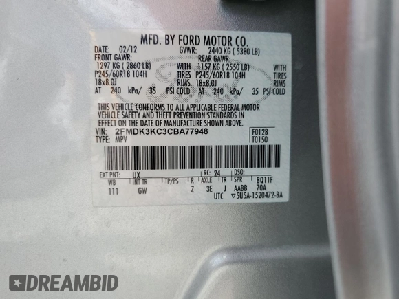 2012 Ford Edge Limited with VIN 2FMDK3KC3CBA77948, listed as a Copart auction lot 52544895 with 62,270 mi miles and Salvage Title. Bid and sale history available at carsss.com. Image 14.