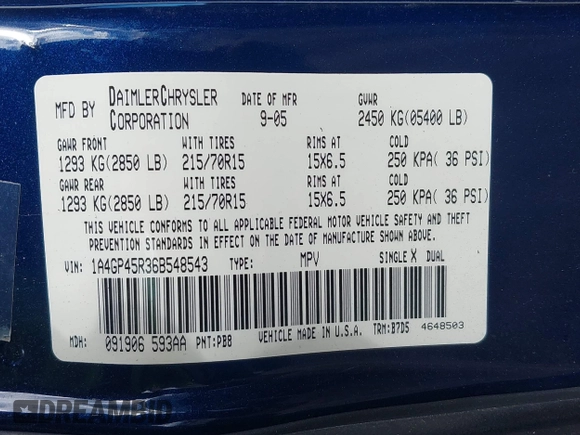 2006 Chrysler Town & Country with VIN 1A4GP45R36B548543, listed as a IAAI auction lot 42059571 with 139,423 mi miles and . Bid and sale history available at DreamBid. Image 9.