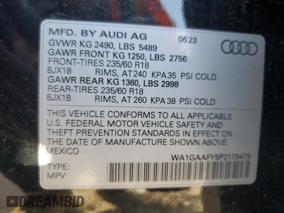 2023 Audi Q5 S line Premium with VIN WA1GAAFY5P2179479, listed as a Copart auction lot 84215854 with 589 mi miles and Clean Title. Bid and sale history available at carsss.com. Image 14.