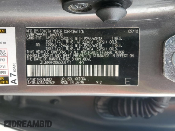 2010 Lexus GX 460 z VIN JTJBM7FX0A5008711, wystawiony jako Copart lot #57426895 z przebiegiem 284 848 mil mil oraz Czysty tytuł • Clean title. Historia ofert i sprzedaży dostępna na DreamBid. Obrazek 13.
