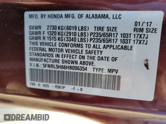 2017 Honda Odyssey EX-L with VIN 5FNRL5H66HB006354, listed as a Copart auction lot 49682455 with 250,935 mi miles and Salvage Title. Bid and sale history available at DreamBid. Image 15.