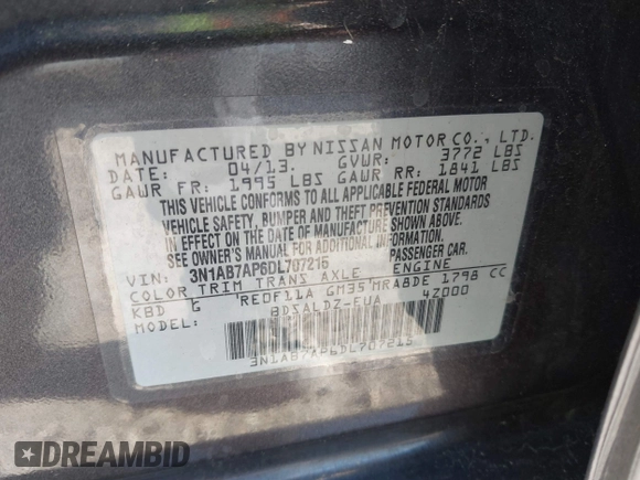 2013 Nissan Sentra SV with VIN 3N1AB7AP6DL707215, listed as a IAAI auction lot 41684144 with 130,726 mi miles and . Bid and sale history available at DreamBid. Image 9.