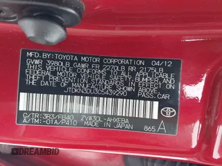 2012 Toyota Prius One with VIN JTDKN3DU3C5439290, listed as a IAAI auction lot 41560014 with 266,761 mi miles. Bid and sale history available at carsss.com. Image 9.