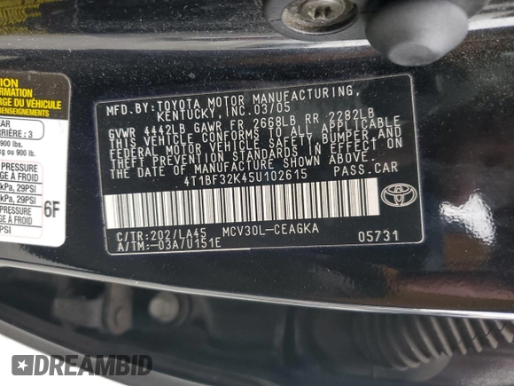 2005 Toyota Camry LE with VIN 4T1BF32K45U102615, listed as a Copart auction lot 56182705 with 196,300 mi miles and Salvage Title. Bid and sale history available at DreamBid. Image 12.