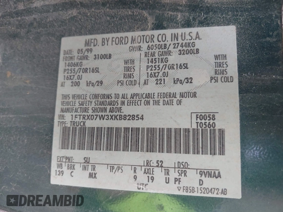 1999 Ford F-150 with VIN 1FTRX07W3XKB82854, listed as a IAAI auction lot 42411358 with Not provided miles and . Bid and sale history available at DreamBid. Image 9.