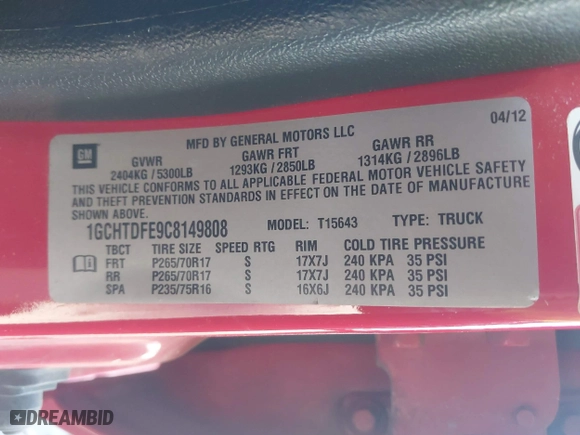 2012 Chevrolet Colorado LT w/2LT with VIN 1GCHTDFE9C8149808, listed as a IAAI auction lot 41890991 with 47,552 mi miles. Bid and sale history available at carsss.com. Image 9.