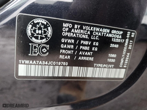 2018 Volkswagen Passat 2.0T S with VIN 1VWAA7A34JC019750, listed as a Copart auction lot 49222645 with 122,221 mi miles and Salvage Title. Bid and sale history available at carsss.com. Image 12.