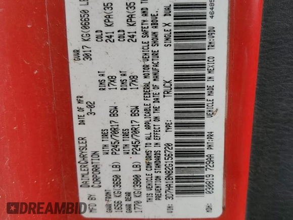 2002 Dodge 1500 z VIN 3D7HA18N82G156720, wystawiony jako Copart lot #54213595 z przebiegiem 280 672 mil mil oraz Szkoda całkowita • Salvage title. Historia ofert i sprzedaży dostępna na DreamBid. Obrazek 12.