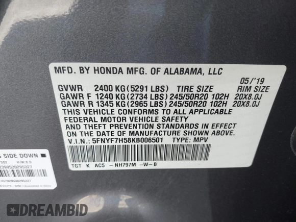 2019 Honda Passport EX-L with VIN 5FNYF7H58KB006501, listed as a IAAI auction lot 41752416 with 60,820 mi miles and . Bid and sale history available at carsss.com. Image 9.