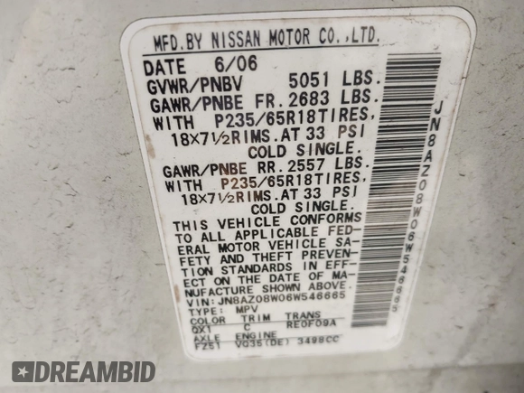 2006 Nissan Murano SL с VIN JN8AZ08W06W546665, выставлен на аукционе IAAI как лот 42417325 с пробегом 83 832 миль миль и . История ставок и продаж доступна на DreamBid. Изображение 9.