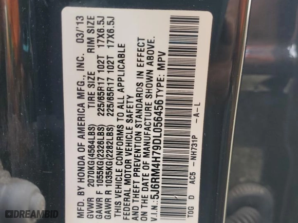 2013 Honda CR-V EX-L with VIN 5J6RM4H79DL056456, listed as a Copart auction lot 53604415 with 174,788 mi miles and Clean Title. Bid and sale history available at carsss.com. Image 13.