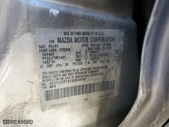 2001 Mazda Tribute LX with VIN 4F2YU09181KM58507, listed as a Copart auction lot 74958544 with 171,853 mi miles and Non Repairable. Bid and sale history available at carsss.com. Image 13.