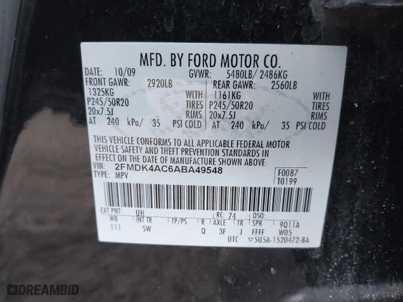 2010 Ford Edge Sport with VIN 2FMDK4AC6ABA49548, listed as a IAAI auction lot 41713110 with 190,460 mi miles. Bid and sale history available at carsss.com. Image 9.