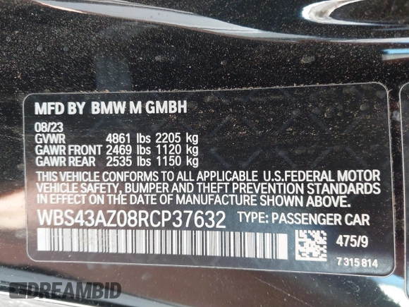 2024 BMW M4 Competition xDrive with VIN WBS43AZ08RCP37632, listed as a IAAI auction lot 41025652 with 2,515 mi miles. Bid and sale history available at carsss.com. Image 9.