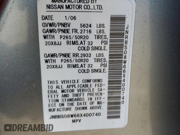 2006 Infiniti FX Options with VIN JNRBS08W66X400740, listed as a Copart auction lot 78511434 with 184,701 mi miles and Salvage title. Bid and sale history available at DreamBid. Image 13.