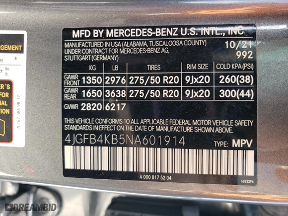2022 Mercedes-Benz GLE with VIN 4JGFB4KB5NA601914, listed as a Copart auction lot 49121935 with 35,062 mi miles and Salvage Title. Bid and sale history available at carsss.com. Image 13.