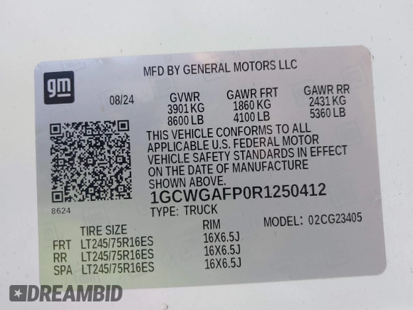 2024 Chevrolet Express Cargo with VIN 1GCWGAFP0R1250412, listed as a IAAI auction lot 42251682 with 9,199 mi miles and . Bid and sale history available at DreamBid. Image 9.